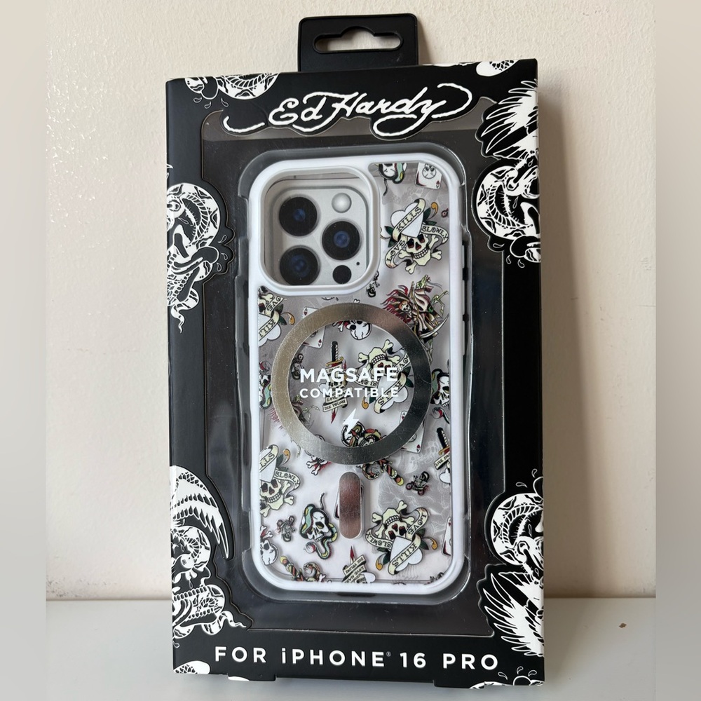 Ed Hardy iPhone 16 Pro Phone Case White Love Kills Slow Y2K Tattoo Graphics New